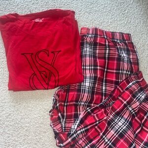 Victoria's Secret Red Plaid Flannel Jogger Tee Pajama Set Sz XL